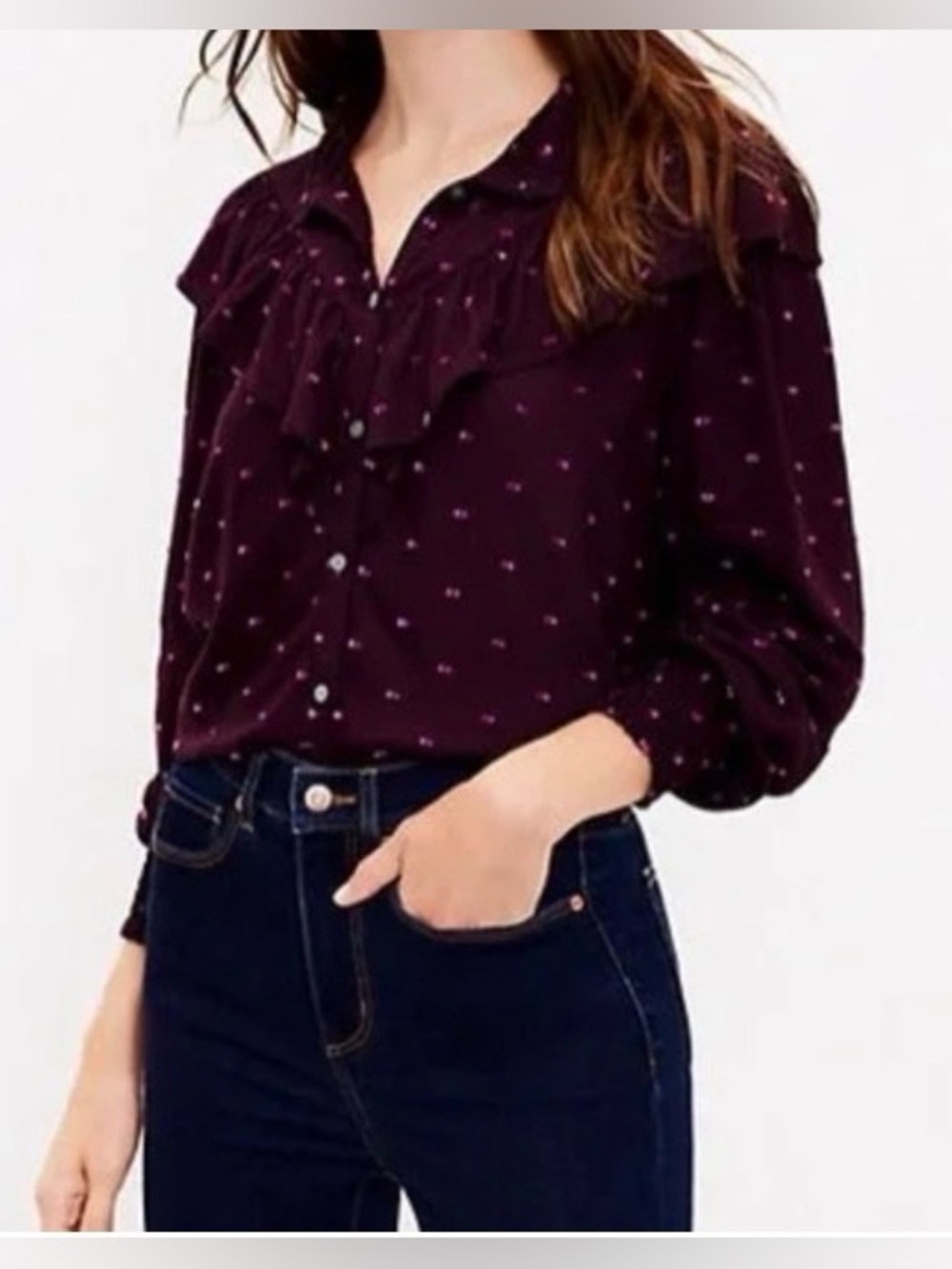 LOFT Women’s Burgundy Long Sleeve Button Down Blouse Size XL Boho Cottagecore